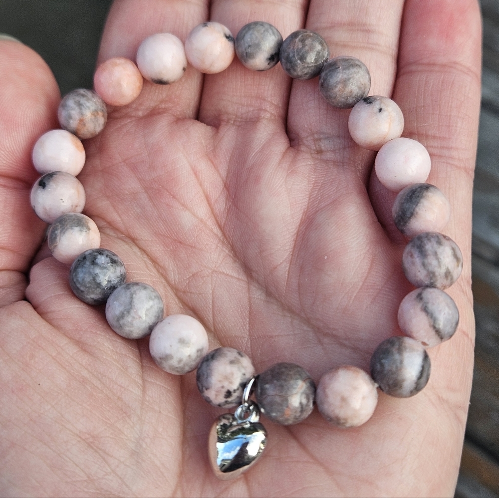 Pink and Gray Beaded Bracelet With Silver Heart Charm